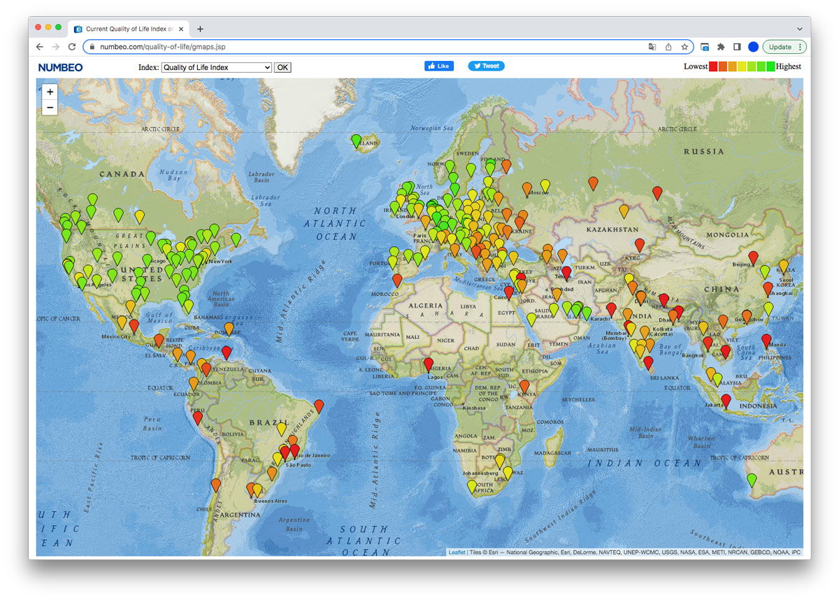 Mapa interactivo con datos de la calidad de vida por países, 2023. Numbeo.com